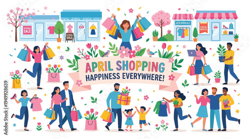 April Shopping Happiness Everywhere - People Enjoying Spring Purchases