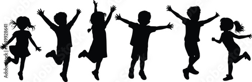 Happy kids silhouettes jumping and playing with raised arms in joyful poses, children fun activity isolated on white background childhood concept