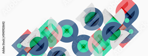 Abstract geometric shapes overlap, creating colorful patterns. Teal, blue, pink hues dominate composition. Minimalist design.