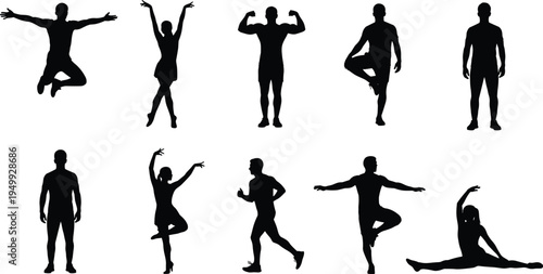 Human body silhouette collection with men and women posing jumping dancing running and yoga poses isolated vector illustration set