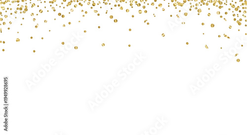 Golden confetti particles floating down on white background 