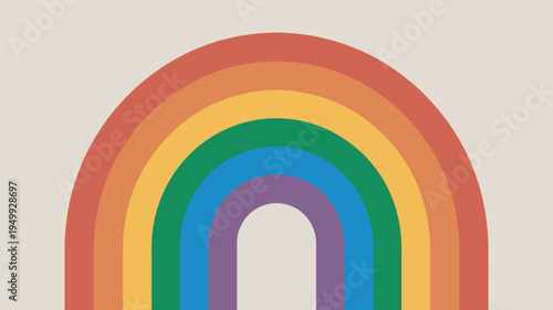 A vibrant rainbow graphic with multicolored arcs on a beige background