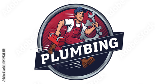 Plumber in uniform holding wrench and toolbox, ready for work.