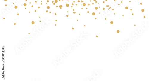Golden confetti particles falling down on white background 