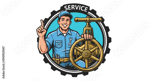 Plumber with Valve and Gear Emblem.