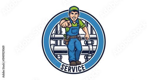 Plumber Service Man Pointing Forward in Blue Circle Logo.