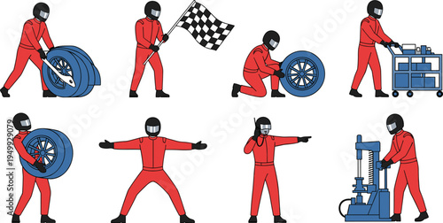 Pit crew racing team characters performing tire change and track support actions motorsport service vector illustration set isolated background