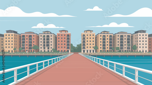 A vibrant waterfront promenade with modern buildings and a serene ocean view