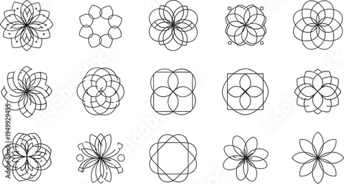 Geometric Flower and Mandala Icons with Circular Patterns and Symmetry