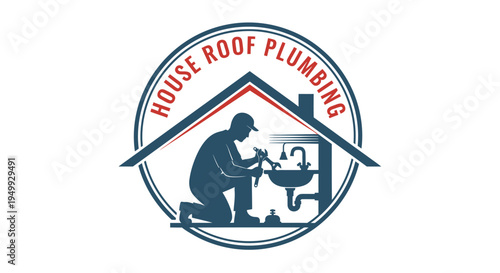 Plumber working on sink inside house roof logo.