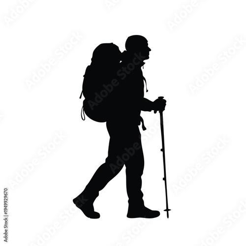 Silhouette man with backpack and trekking pole hiking outdoors