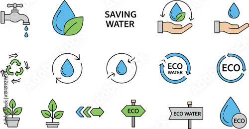 Eco-Friendly Water Conservation Icons with Faucet, Drop, Plant, and Sustainability Symbols