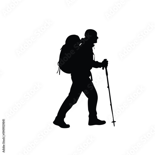 Silhouette man with backpack and trekking pole hiking outdoors