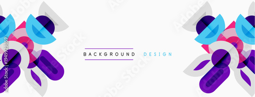 Abstract shapes, purple, blue hues dominate design. Minimalist style, clean lines, modern aesthetic. Background text present.