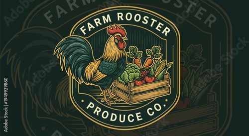 Rooster with a Crate of Fresh Produce Farm Logo Design.