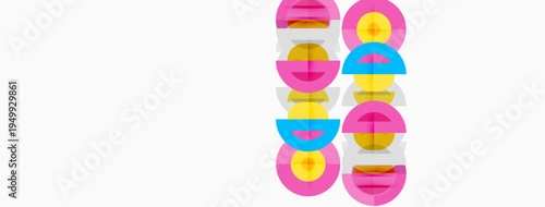 Colorful semicircles arranged vertically. Pink, blue, yellow, orange hues dominate design. Simple geometric pattern, clean aesthetic.