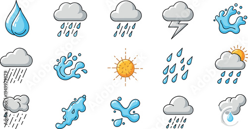Weather and Water Icon Set with Rain, Sun, Clouds, and Water Droplets