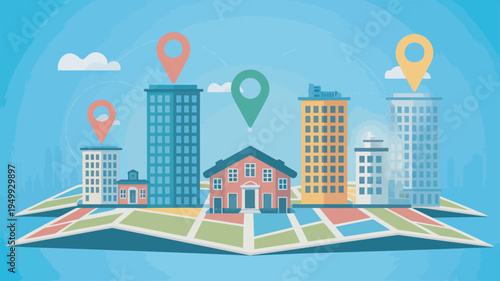 A colorful illustration of a city map with buildings and location markers