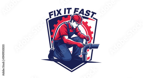Skilled Plumber Fixing Pipe with Tools in a Professional Logo Design.
