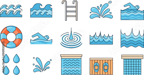 Swimming Pool and Water Activity Vector Icons Set