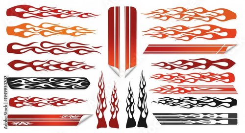 Assorted Flame and Stripe Decals for Vehicle Customization.