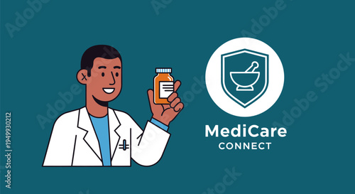 Smiling male doctor holding a medicine bottle, representing healthcare and medical services.