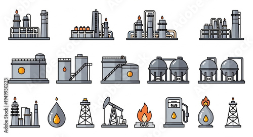Collection of Oil and Gas Industry Icons - Refinery, Storage, and Extraction.
