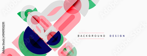 Abstract geometric shapes overlap, creating dynamic composition. Pink, green, navy hues dominate white space. Modern design element.