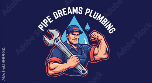 Strong Plumber Mascot with Wrench and Water Drop for Pipe Dreams Plumbing Logo.