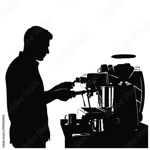 Silhouette of barista preparing fresh espresso at coffee shop station