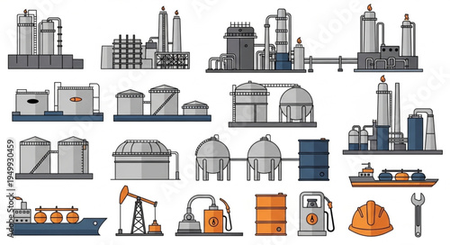 Oil and Gas Industry Icons - Refinery, Storage Tanks, and Equipment.