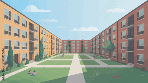 A vibrant university campus with modern apartment buildings and a green courtyard