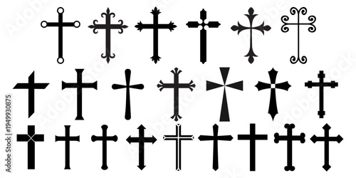 Set cross religion vector for spiritual banners. Ideal for symbolizing Christian faith, classic church heritage, traditional belief, and peaceful holy worship.