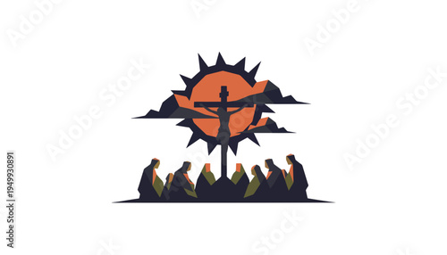 Crucifixion of Jesus Christ with darkened sun vector illustration. Geometric low poly silhouette of cross and mourning figures. Good Friday religious graphic isolated on transparent background