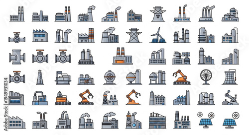 Diverse Collection of Industrial Factory Icons Representing Manufacturing and Energy Production.