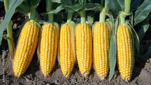Wallpaper Mural Ripe corn cobs with fresh maize and green leaves standing upright in soil ready for harvest in a sunny field Torontodigital.ca