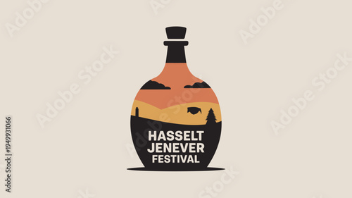 A vibrant festival logo featuring a bottle with a scenic landscape and the Hasselt Jenever Festival name