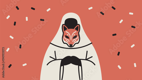A cartoon illustration of a person wearing a fox mask and a white hooded cloak on a red background with confetti