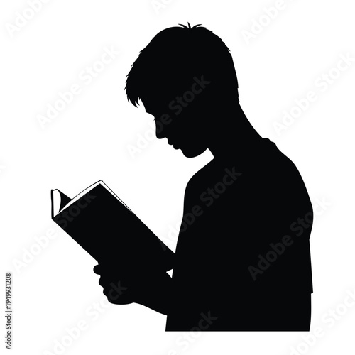 Silhouette of man reading book looking down focused learning and education