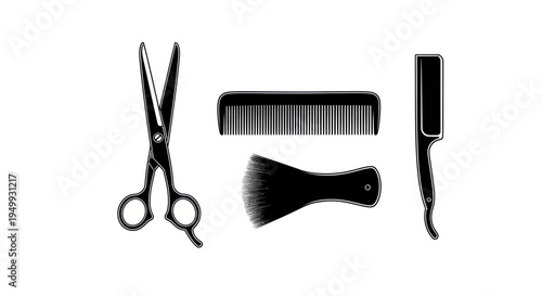 Barber Tools Silhouette: Scissors, Comb, Brush, Straight Razor on White Background