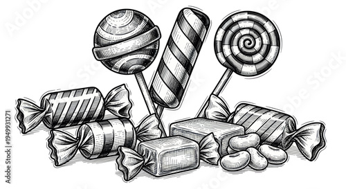 Hand-drawn Assortment of Candies and Lollipops, Black and White Sketch