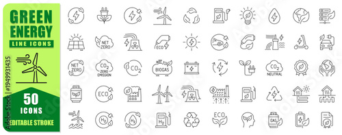 Green Energy Line Icon Set Featuring Modern Editable Stroke Symbols Of Renewable Power, Sustainability, Ecology, And Clean Technology. Perfect For Apps, Web, Infographics, Presentations, And Environme