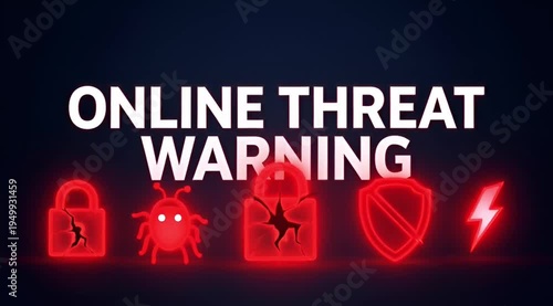 Online Threat Warning Graphic with Icons for Malware Virus Hacking and Security Breach