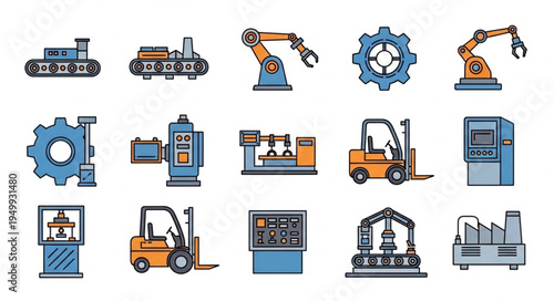 Industrial Automation Icons - Conveyor Belts, Robotic Arms, and Machinery.