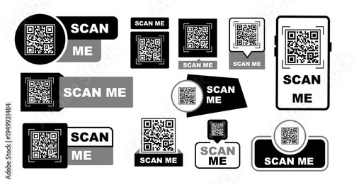 Scan Me QR Code Labels Set - Mobile Scanning Badges Collection Vector Illustration