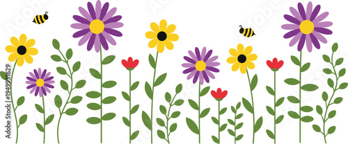 Colorful spring flowers and bees garden border illustration, blooming wildflowers nature decorative vector design