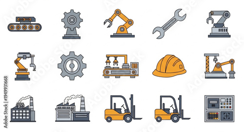 Illustrations of industrial machinery, equipment, and safety gear.