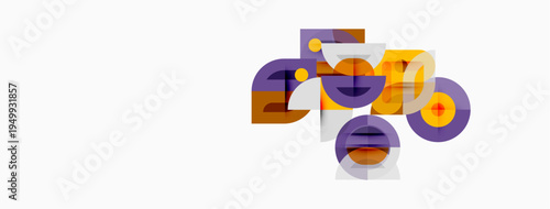 Abstract geometric shapes overlap, creating colorful composition. Purple, orange, yellow tones dominate design. Minimalist style.