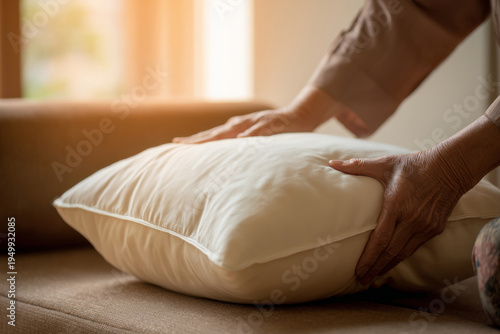 close up of caregiver adjusting elderly woman's pillow in home living room, warm soft sunlight, shallow depth of field