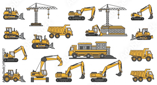 Collection of Construction Vehicles and Equipment for Building Projects.